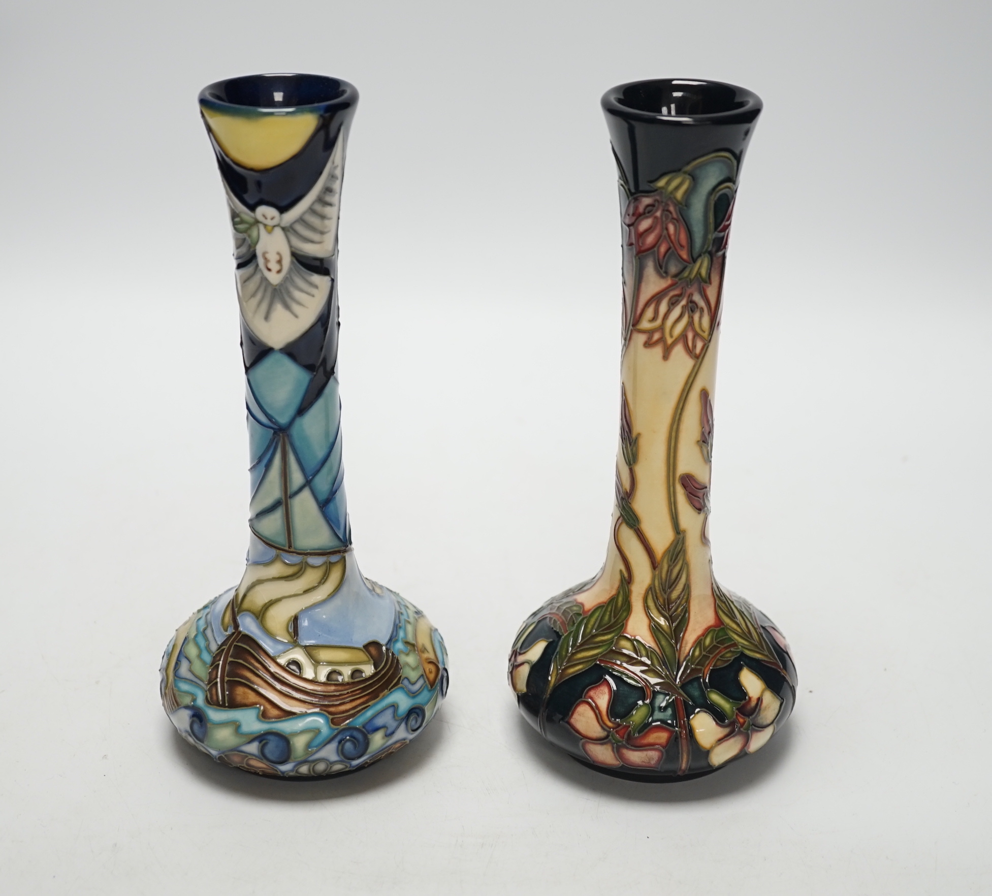 A Moorcroft ‘Winds of Change’ bottle vase, designed by Rachel Bishop, together with another vase by G Bishop, tallest 21cm